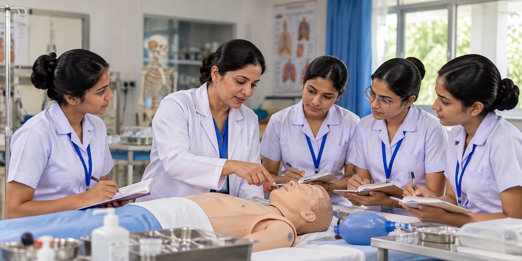 Nursing tutor demonstrating clinical skills on a mannequin to students in the skills lab